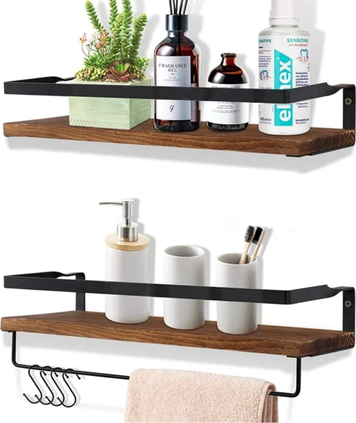 Zwevende Wandplank - 2 Stuks - 40cm - Handdoekhouder En 8 Haakjes - Badkamerplank Decoratieve Muur Opbergplanken Voor Badkamer Slaapkamer, Woonkamer, Keuken Plank