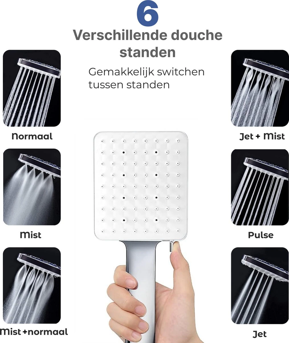 MaatWorkz - Waterbesparende Douchekop Vierkant + Douchetimer - Hoge Waterdruk - Luxe Design - 6 Standen 8 MaatWorkz - Waterbesparende Douchekop Vierkant + Douchetimer - Hoge Waterdruk - Luxe Design - 6 Standen - Afbeelding 8
