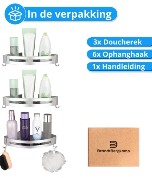 BrandtBergkamp RVS Doucherek 3 Laags – Zonder Boren – Doucherek Hangend – Badkamerrek Zilver -Badkamer Kast Winkel 1024x1200 2