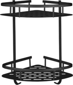 Merkloos Zelfklevend Doucherek 2 Laags - Ophangbaar Hoek Badrek Met Zuignap - Hangend Badkamer Rekje - Douchemandje - Geschikt Voor Muur/Wand Bevestiging - Ophangen Zonder Boren En Schroeven - Roestvrij - Mat Zwart