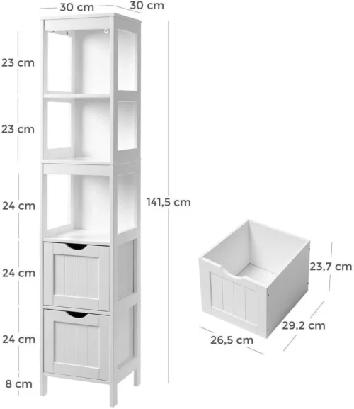 Hoge Badkamer Kast Met 2 Laden En 3 Open Vakken - 30 X 30 X 143,5 Cm - Wit -Badkamer Kast Winkel 1039x1200 2