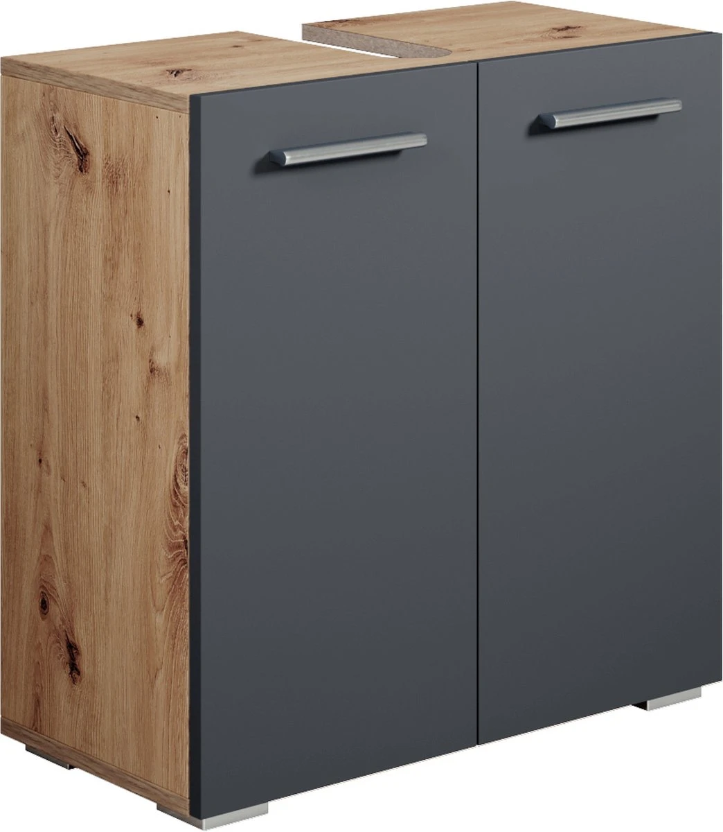 Wastafelkast Jupiter 60 X 30 X 60 Cm Eiken Met Grijs, Badkamerkast Staand 1 Wastafelkast Jupiter 60 X 30 X 60 Cm Eiken Met Grijs, Badkamerkast Staand