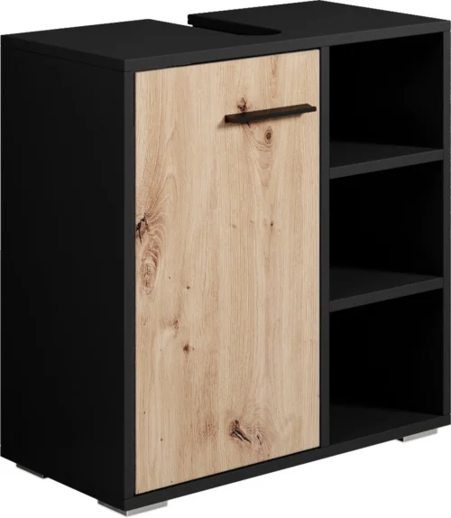 Badplaats Wastafel Onderkast Neptunus 60 Cm X 30 Cm X 60 Cm - Zwart Met Eiken - Badkamerkast – Staand Wastafelmeubel