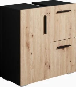 Badplaats Wastafel Onderkast Mars 60 Cm X 30 Cm X 60 Cm - Zwart Met Eiken - Badkamerkast – Staand Wastafelmeubel