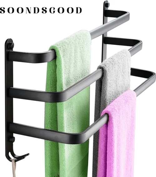Merkloos Soondsgood Luxe 3 Laags Handdoekrek - Zelfklevend Of Boren - Zwart - Eenvoudige Installatie - Badkamer - Handdoekenrek - Handdoekhouder - 30x14x25cm