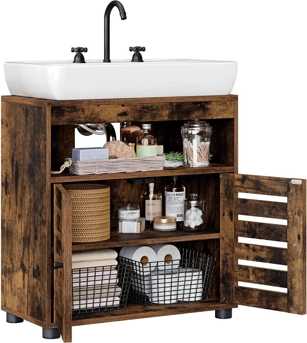 Nancy's Gaboury Badkamermeubel - Wastafelonderkast - Uitsparing - Open Vak - Openslaande Deuren - Industrieel - Bruin - Zwart - Bewerkt Hout - 60 X 30 X 63 Cm 6 Nancy's Gaboury Badkamermeubel - Wastafelonderkast - Uitsparing - Open Vak - Openslaande Deuren - Industrieel - Bruin - Zwart - Bewerkt Hout - 60 X 30 X 63 Cm - Afbeelding 6