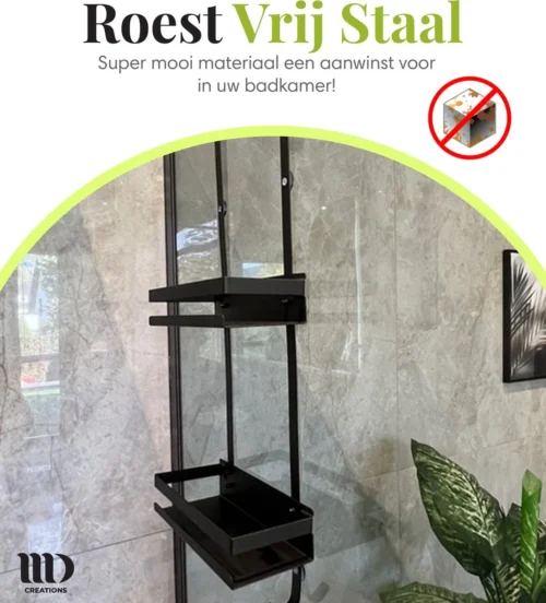 MD Creations ® – Doucherek Zonder Boren - Hangend Met Zuignappen Aan Douchewand – Douchebakje - Doucherek Haak - RVS - 74 X 25 X 10 Cm -Badkamer Kast Winkel 1087x1200
