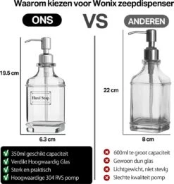 Wonix® - Zeepdispenser - Zeeppompje - Transparant Glas - RVS Pompkop - Met Stickers - 350ml - 2 Stuks -Badkamer Kast Winkel 1136x1200 1