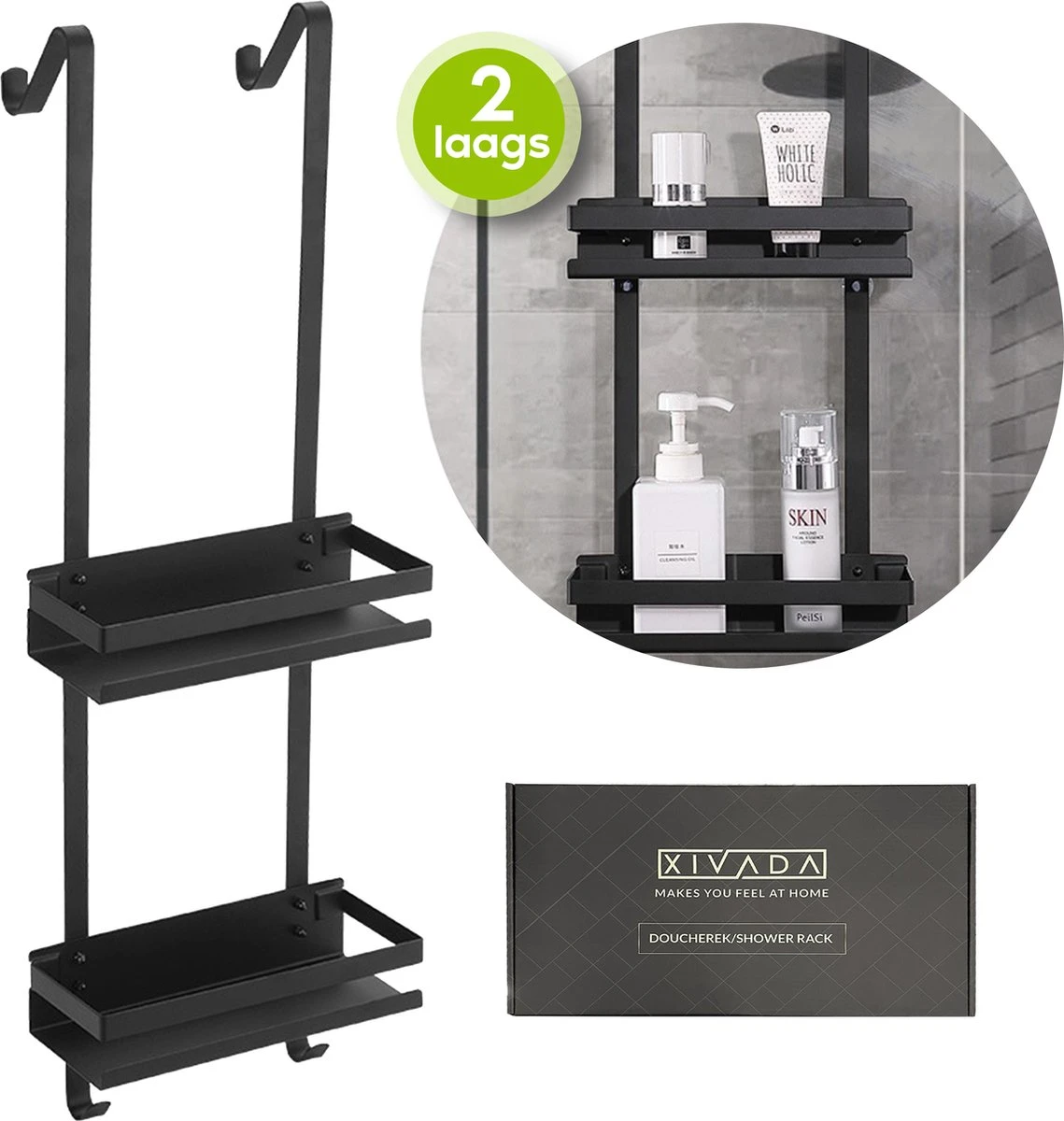 Doucherek Zonder Boren - Zwart - 2-Laags Doucherekje - Hangend Aan Douchewand 1 Doucherek Zonder Boren - Zwart - 2-Laags Doucherekje - Hangend Aan Douchewand