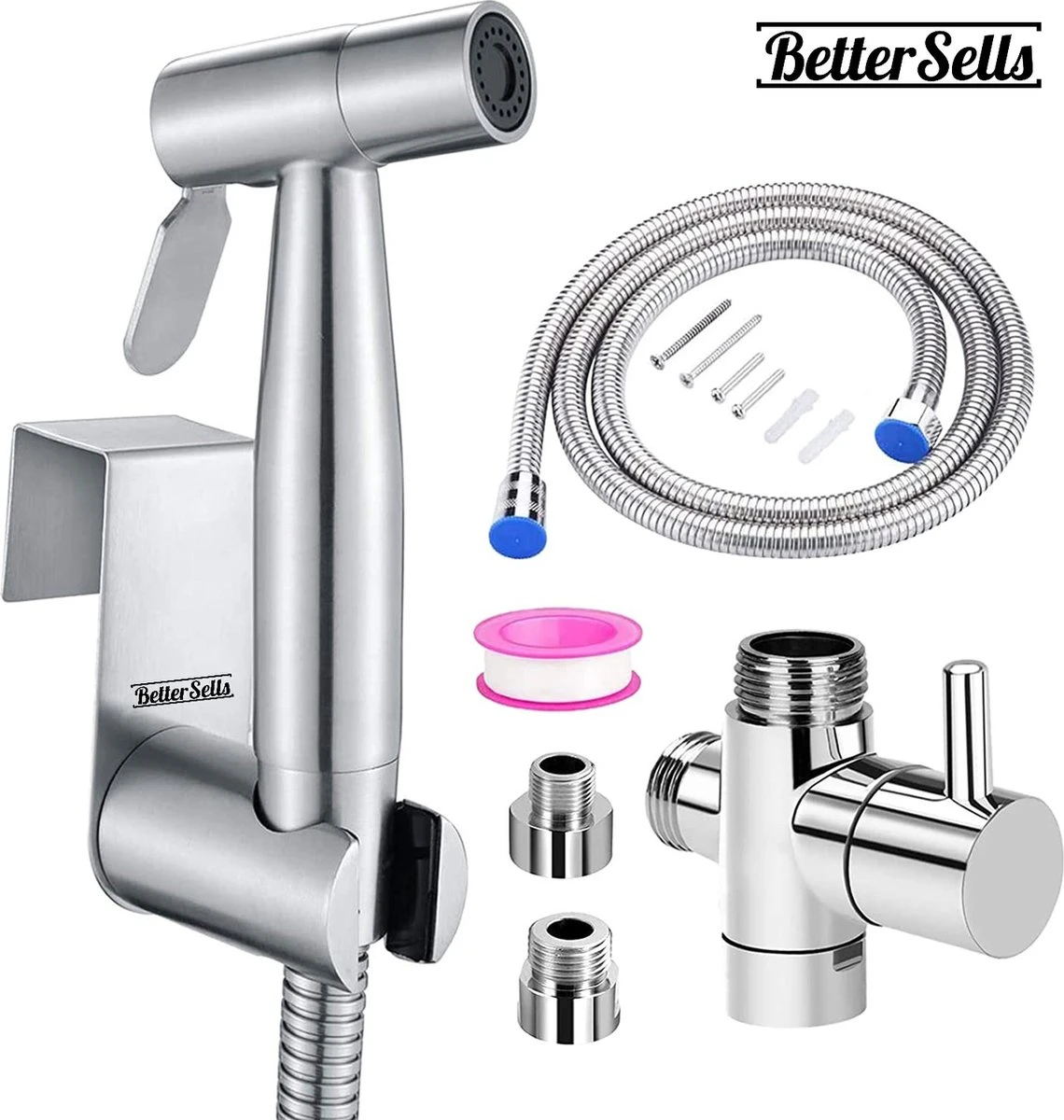 BetterSells® Bidet Handdoucheset - Shattaf - Bidet Sproeier Uit Geborsteld RVS - Inclusief Slang, T-stuk & Wandhouder 1 BetterSells® Bidet Handdoucheset - Shattaf - Bidet Sproeier Uit Geborsteld RVS - Inclusief Slang, T-stuk & Wandhouder