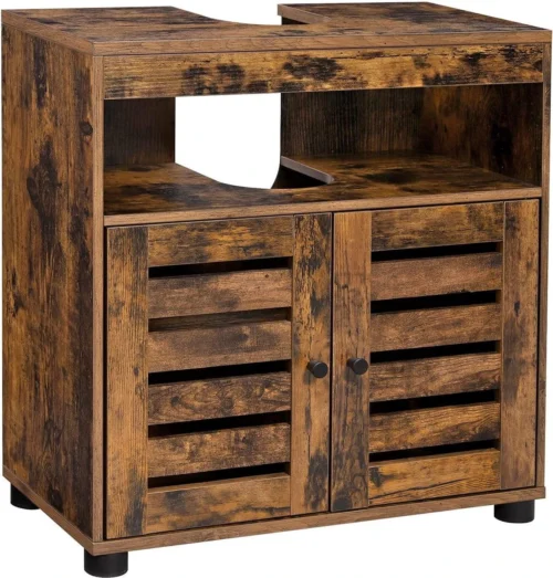 Nancy's Gaboury Badkamermeubel - Wastafelonderkast - Uitsparing - Open Vak - Openslaande Deuren - Industrieel - Bruin - Zwart - Bewerkt Hout - 60 X 30 X 63 Cm