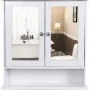 Badkamerkastje Met Twee Spiegels Als Deuren - Inclusief Open Plankje - 56x13x58cm - Wit