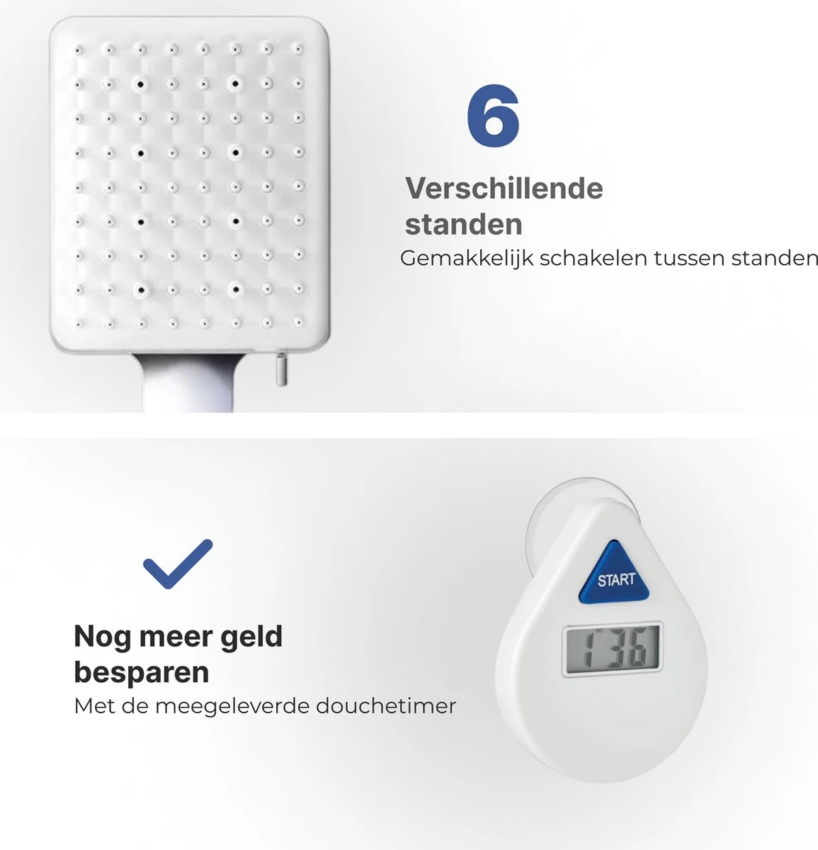 MaatWorkz - Waterbesparende Douchekop Vierkant + Douchetimer - Hoge Waterdruk - Luxe Design - 6 Standen 3 MaatWorkz - Waterbesparende Douchekop Vierkant + Douchetimer - Hoge Waterdruk - Luxe Design - 6 Standen - Afbeelding 3