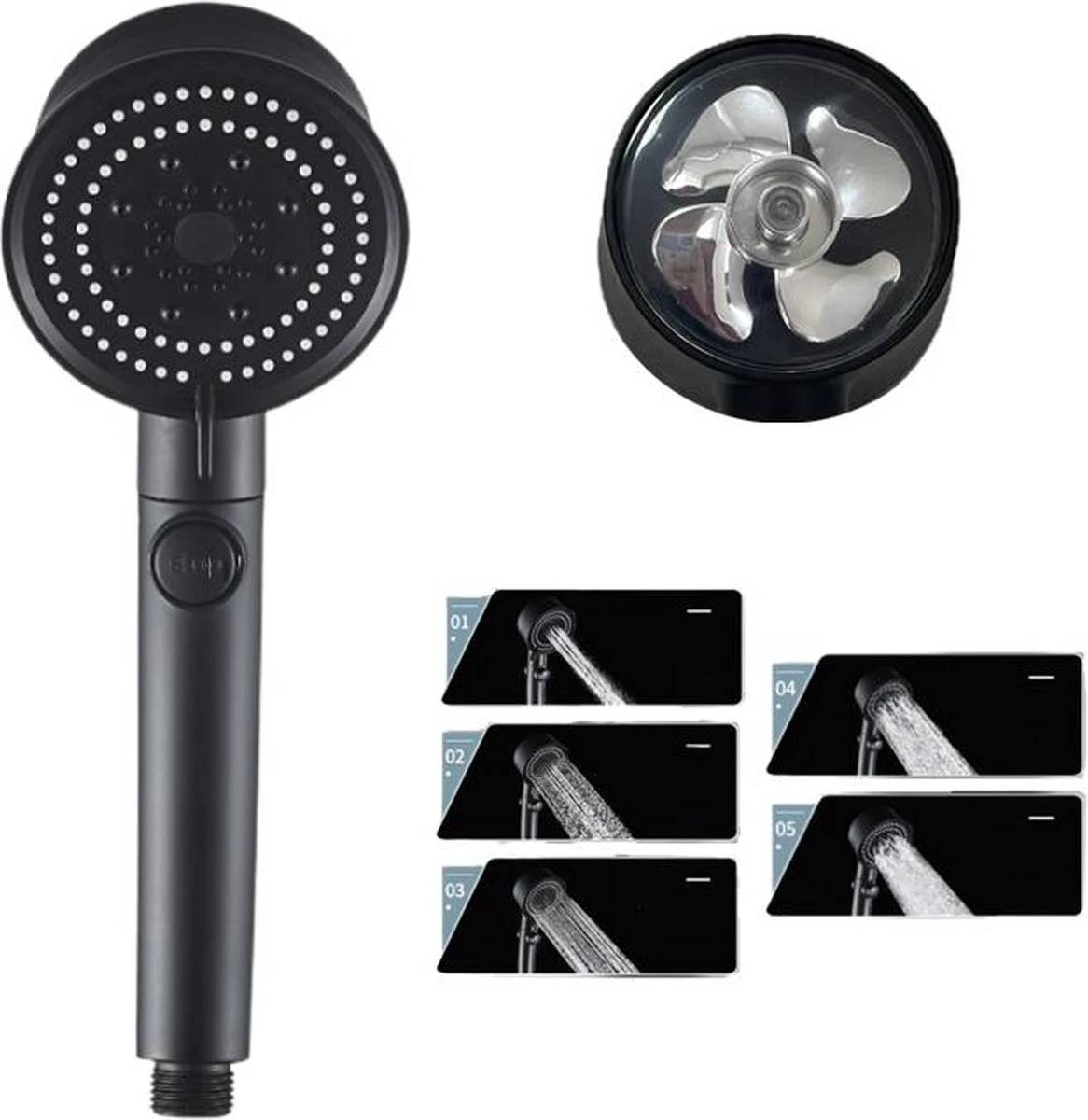 Waterbesparende Douchekop - Hoofddouche - Regendouche - Met ECO STOP Knop - 5 Standen - ABS - Zwart 1 Waterbesparende Douchekop - Hoofddouche - Regendouche - Met ECO STOP Knop - 5 Standen - ABS - Zwart