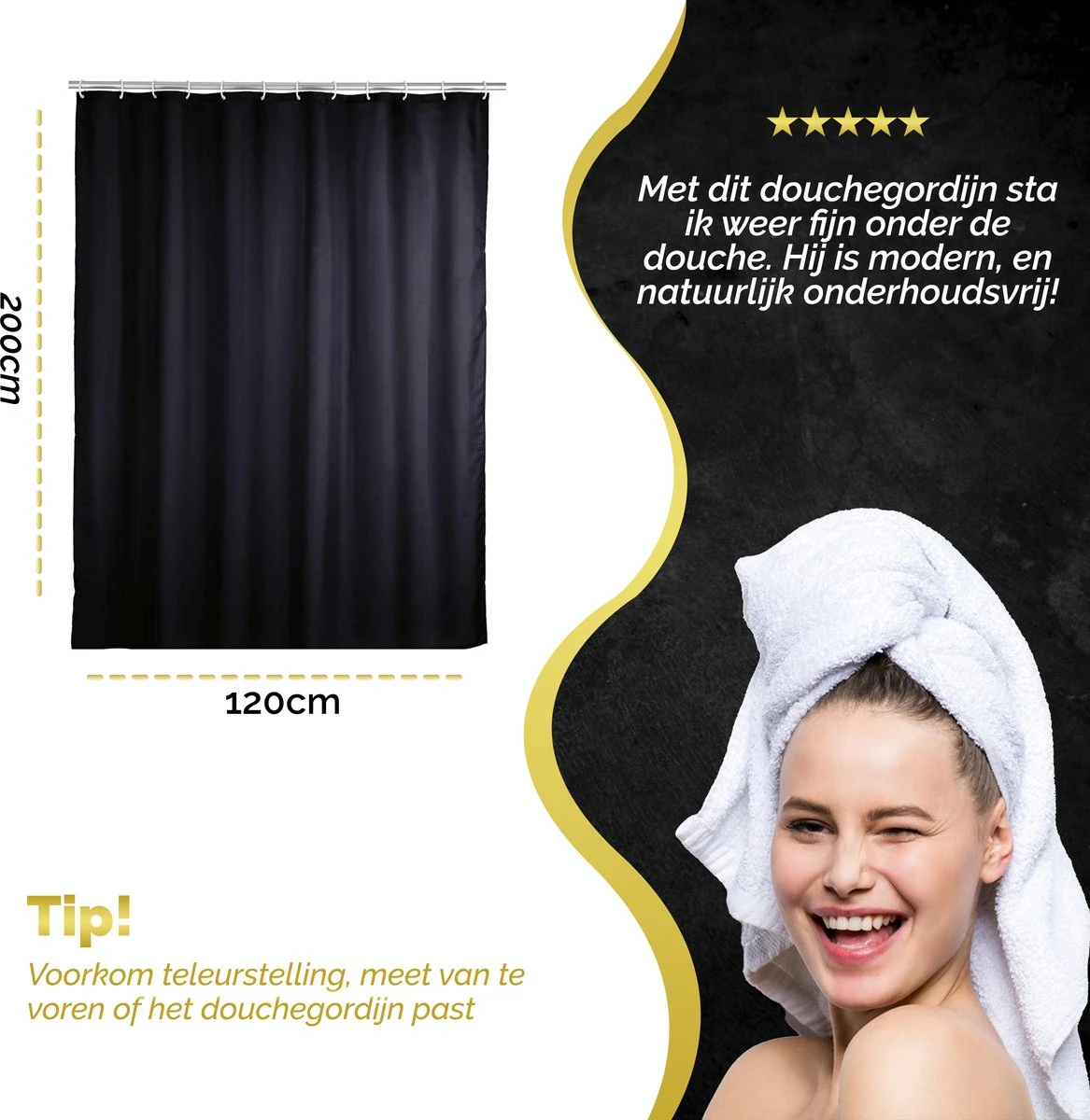 HGMD Douchegordijn 120x200 - Zwart - Wasbaar - Douchegordijn Anti Schimmel 6 HGMD Douchegordijn 120x200 - Zwart - Wasbaar - Douchegordijn Anti Schimmel - Afbeelding 6