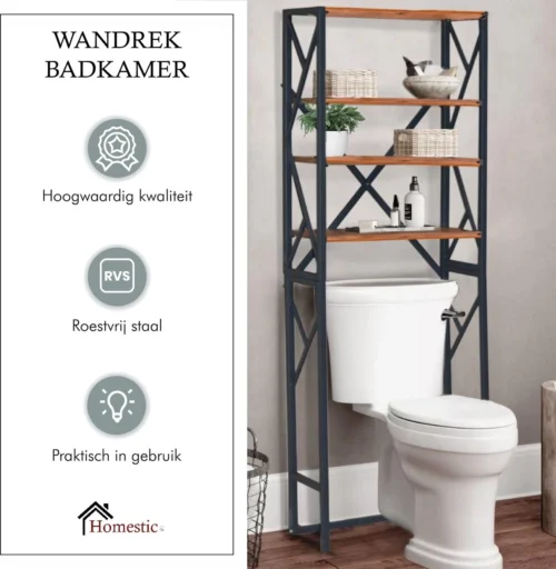 Homestic© - Ruimtebesparende Toiletmeubel - WC Plank, Badkamerplank Met 4 Open Vakken - Industrieel RVS Badkamermeubel - Zwart Staal / Hout - 170x54x24 CM 10 Homestic© - Ruimtebesparende Toiletmeubel - WC Plank, Badkamerplank Met 4 Open Vakken - Industrieel RVS Badkamermeubel - Zwart Staal / Hout - 170x54x24 CM -Badkamer Kast Winkel 1172x1200 8