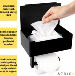 STRICX Toiletrolhouder - Zwart - Zonder Boren - Toilet Rol Houder Tissuebox - Zelfklevend - WC Rolhouder Met Opbergvak Voor Babydoekjes - Met Plankje - Toiletaccessoires -Badkamer Kast Winkel 1178x1200