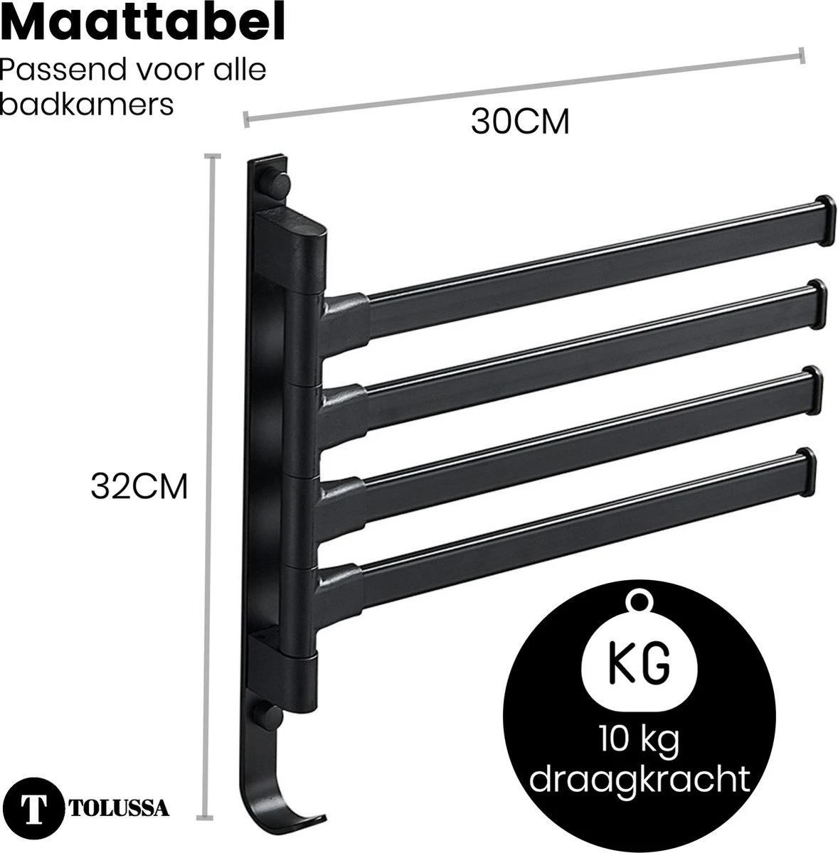 Tolussa Handdoekrek Badkamer Zwart - 30 CM - Handdoekhouder Zwart - Handdoekenrek Badkamer - Draaibaar 2 Tolussa Handdoekrek Badkamer Zwart - 30 CM - Handdoekhouder Zwart - Handdoekenrek Badkamer - Draaibaar - Afbeelding 2