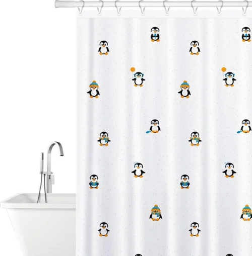 FUNNY PENGUINS - Waterdicht Douchegordijn - Met GRATIS 12 Ringen - Anti-Schimmel Badkamer Gordijn - Wasbaar - 100% Polyester - Pinguins Design - 180X180 CM