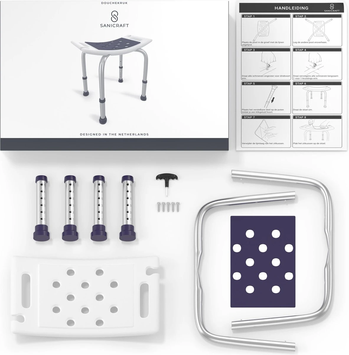 Sanicraft® Douchekruk - In Hoogte Verstelbaar - Douchekrukje - Roestvrij - 150kg Draagkracht - Comfortabel Zitkussen - Inclusief Douchekophouder, Handgrepen, Anti Slip Poten 7 Sanicraft® Douchekruk - In Hoogte Verstelbaar - Douchekrukje - Roestvrij - 150kg Draagkracht - Comfortabel Zitkussen - Inclusief Douchekophouder, Handgrepen, Anti Slip Poten - Afbeelding 7
