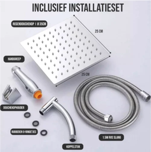 Merkloos Regendouchekop Deluxe | ø 35 Cm | Douchekop Met Slang En Houder | Douchekop | Doucheslang | Douchekophouder | Complete Doucheset | Roestvrij Staal | 360° Draaibaar | Badkamer Accessoires | Elite Pure Chrome Collection 2022 -Badkamer Kast Winkel 1189x1200 12