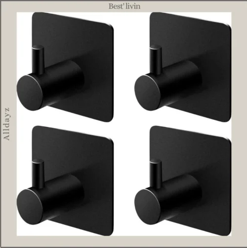 Merkloos Handdoekhaak 4 + 1 GRATIS Set Zonder Boren - RVS - Zwart - Vierkant Zelfklevend - Badjas - Theedoek Hanger Keuken Badkamer Handdoek Haakjes
