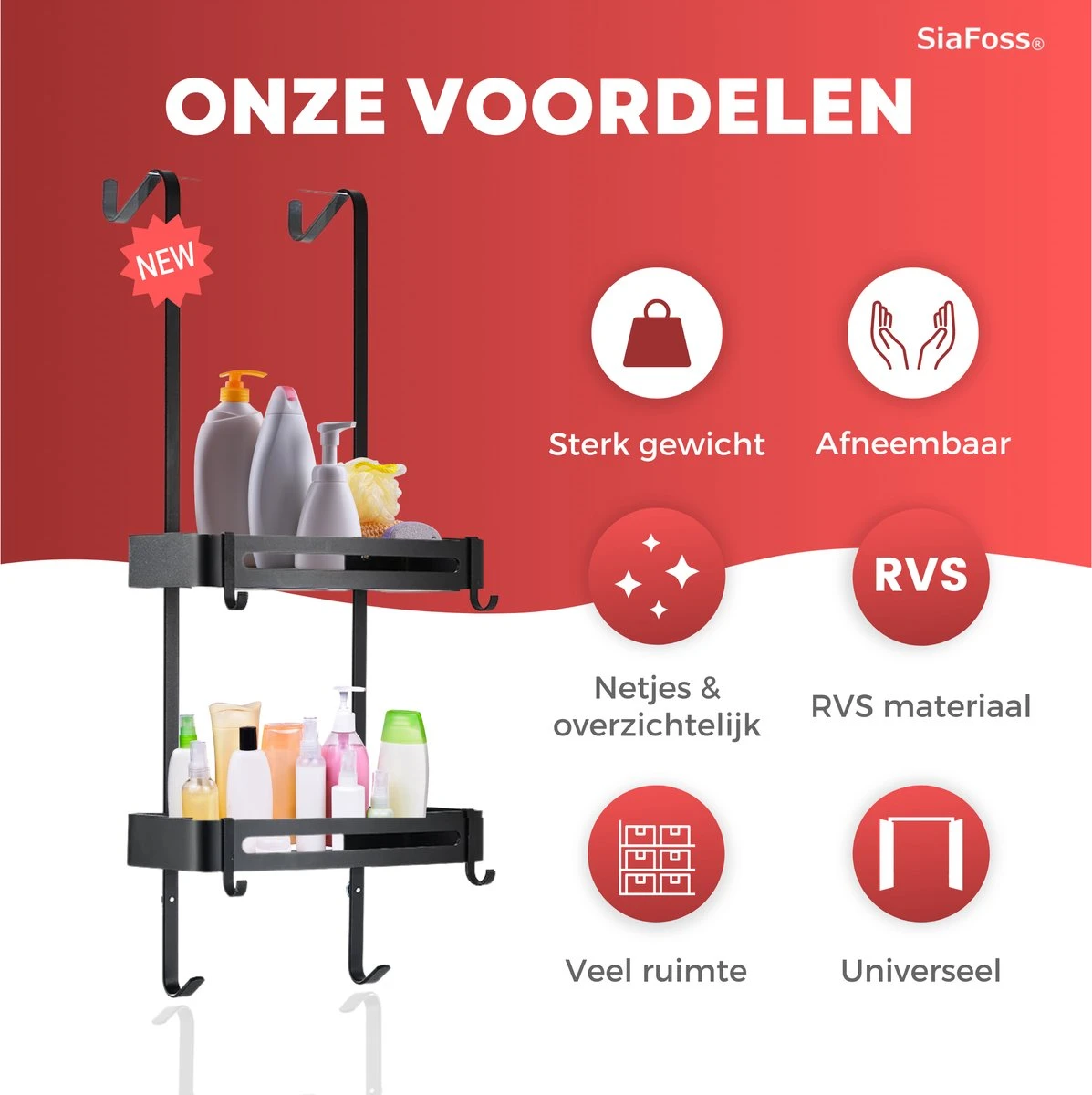 SIAFOSS Doucherek Zonder Boren Doucherek Hangend - 100% Stevig - 100% RVS - Hangend Badkamerrekje - Doucherek Aan Douchewand - Badkamer Accessoires - RVS Zwart - 2 Laags - Douchemand 2 SIAFOSS Doucherek Zonder Boren Doucherek Hangend - 100% Stevig - 100% RVS - Hangend Badkamerrekje - Doucherek Aan Douchewand - Badkamer Accessoires - RVS Zwart - 2 Laags - Douchemand - Afbeelding 2
