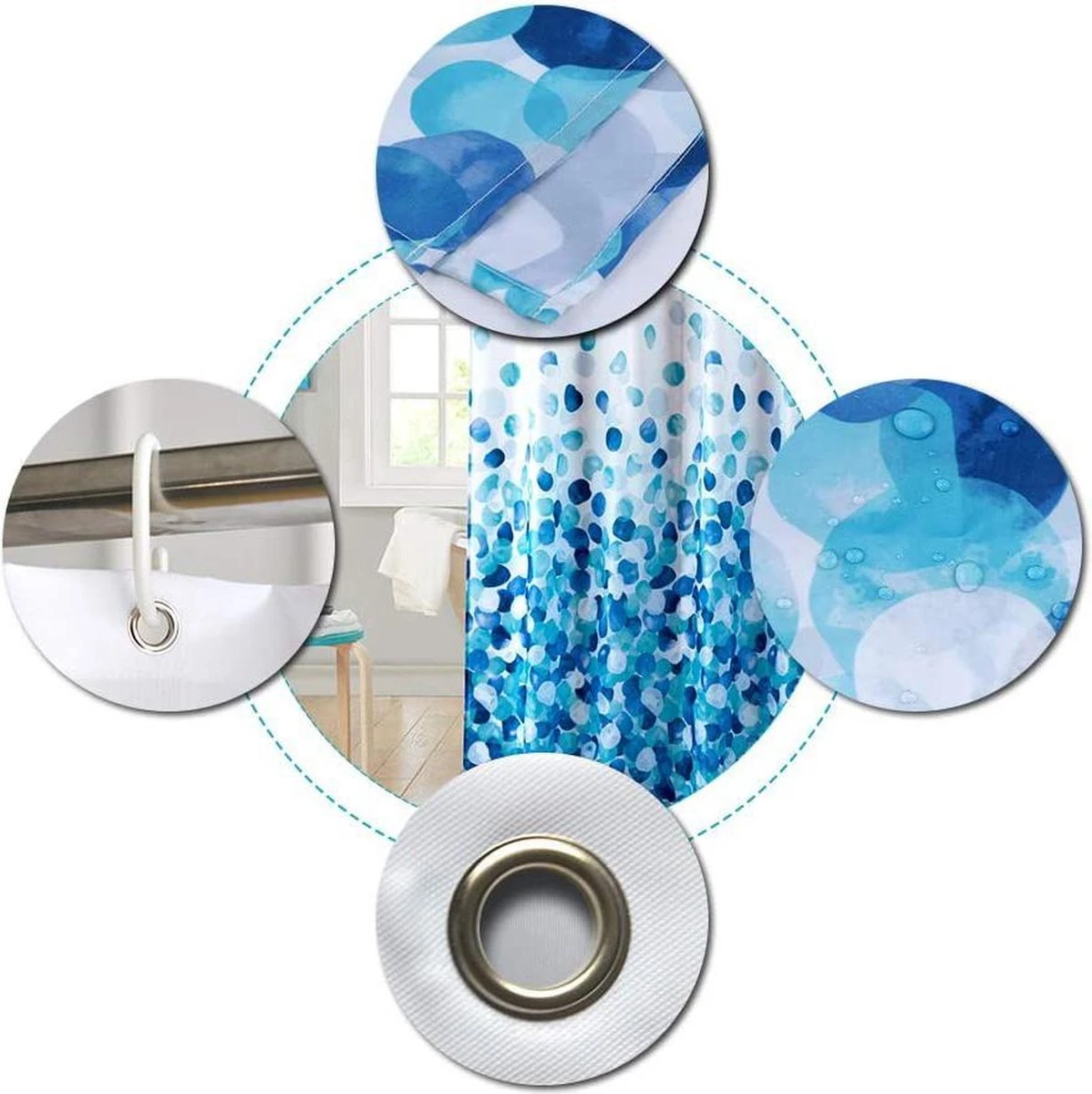 Douchegordijn 120x200 Cm (Small) - Met Ophangringen - Polyester - Wasbaar En Duurzaam - Blue Petals 4 Douchegordijn 120x200 Cm (Small) - Met Ophangringen - Polyester - Wasbaar En Duurzaam - Blue Petals - Afbeelding 4