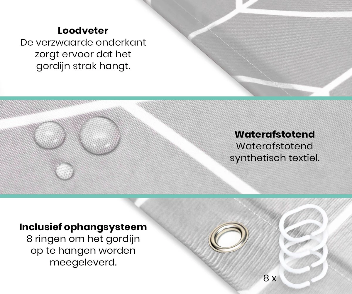 Loti Living Douchegordijn Anti Schimmel – Grijs Patroon - Inclusief Ringen – Waterdicht - Polyester - Douchegordijn 120x200 Cm 2 Loti Living Douchegordijn Anti Schimmel – Grijs Patroon - Inclusief Ringen – Waterdicht - Polyester - Douchegordijn 120x200 Cm - Afbeelding 2