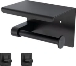 Toiletrolhouder Met Plankje - Zelfklevend Of Boren - WC Rolhouder - Incl. Handdoekhaakjes - Zwart -Badkamer Kast Winkel 1200x1041