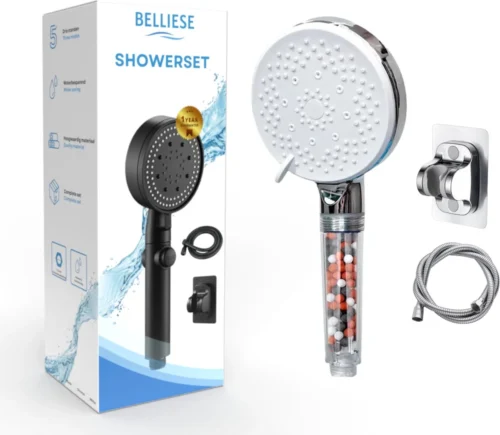 Belliese Doucheset Ionic - Douchekop - Doucheslang - Douchekophouder - Douchekop Met Slang - Waterbesparende Douchekop - Ionische Filter Douchekop - Badkamer Accessoires - Montage Zonder Boren - 5 Standen - Chroom