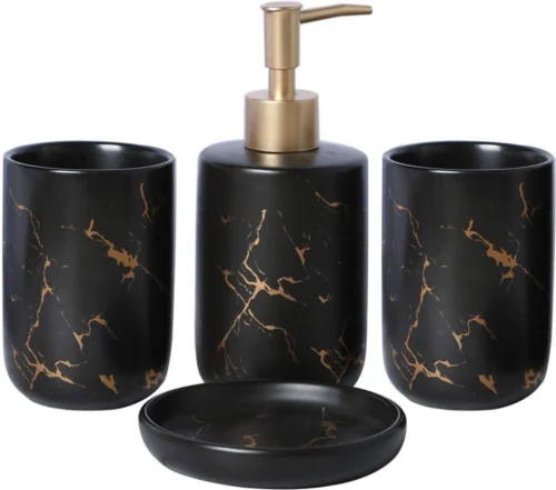 Badkamer Accessoires Set – Tandenborstelhouder –Zeeppompje Zeepbakje – Keramiek Met Marmer Design – Zwart