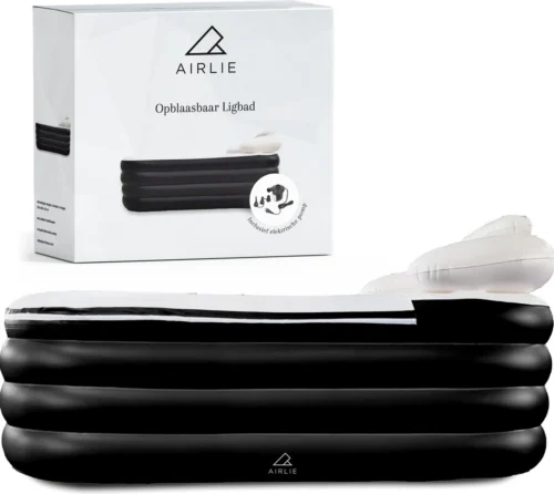 Airlie Opblaasbaar Ligbad Voor Volwassenen – Comfortabel - Opblaasbad - Zitbad - Badkuip – Bath Tub – Opvouwbaar Bad – Bath Bucket – Dubbel Hoofdkussen - Zwart - GRATIS Elektrische Pomp