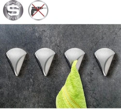 Zelfklevende Handdoekhouder Haakjes Set - Wand Ophang Haak Zelfklevend -Handdoekklem Keuken Ophanghaak Zonder Boren - Wand Theedoek / Handdoek Klem Houder - RVS - Set Van 4 Stuks - EVA