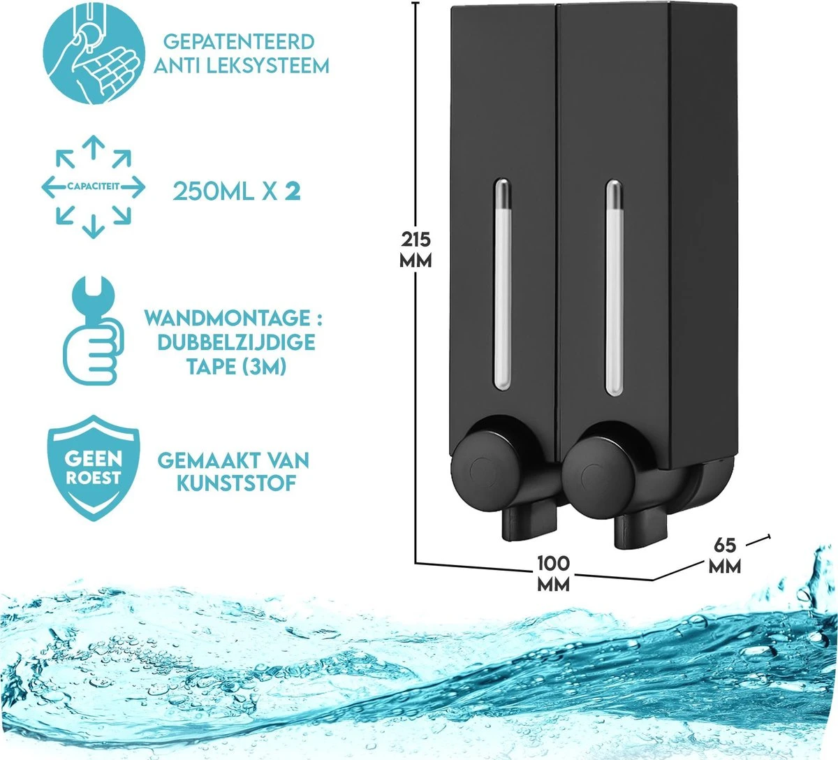 Aquathof, Zeepdispenser, Mat Zwart, 2 Kamer, 2 Reservoirs, 2x250ml - Hangend - Wandmontage 2 Aquathof, Zeepdispenser, Mat Zwart, 2 Kamer, 2 Reservoirs, 2x250ml - Hangend - Wandmontage - Afbeelding 2