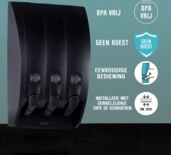 Aquathof, Zeepdispenser, Mat Zwart, 3 Kamer, 3 Reservoirs, 3x350ml, Hangend, Wandmontage 14 Aquathof, Zeepdispenser, Mat Zwart, 3 Kamer, 3 Reservoirs, 3x350ml, Hangend, Wandmontage -Badkamer Kast Winkel 1200x1089 4