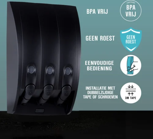 Aquathof, Zeepdispenser, Mat Zwart, 3 Kamer, 3 Reservoirs, 3x350ml, Hangend, Wandmontage 14 Aquathof, Zeepdispenser, Mat Zwart, 3 Kamer, 3 Reservoirs, 3x350ml, Hangend, Wandmontage -Badkamer Kast Winkel 1200x1089 4