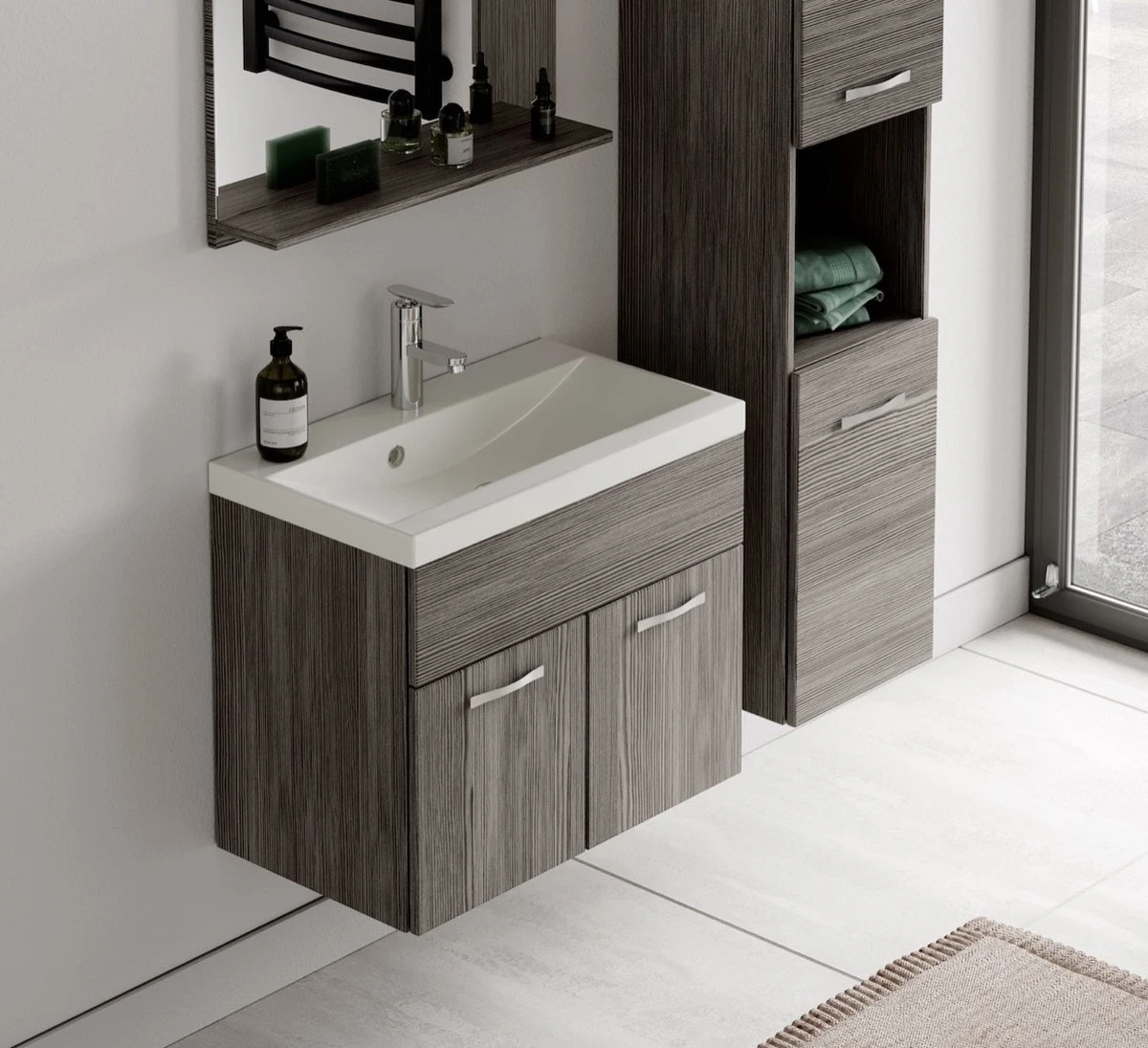 Badplaats Badkamermeubel Set Montreal 60 Cm X 35 Cm - Grijs Eiken - Badmeubel Met Spiegel En Zijkast 6 Badplaats Badkamermeubel Set Montreal 60 Cm X 35 Cm - Grijs Eiken - Badmeubel Met Spiegel En Zijkast - Afbeelding 6