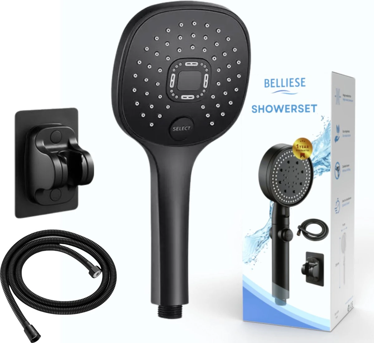 Belliese Doucheset Select - Luxe Douchekop - Doucheslang - Douchekophouder - Douchekop Met Slang - Waterbesparende Douchekop - Badkamer Accessoires - Montage Zonder Boren - 3 Standen - Zwart - Select Knop 1 Belliese Doucheset Select - Luxe Douchekop - Doucheslang - Douchekophouder - Douchekop Met Slang - Waterbesparende Douchekop - Badkamer Accessoires - Montage Zonder Boren - 3 Standen - Zwart - Select Knop