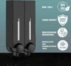 Aquathof, Zeepdispenser, Mat Zwart, 2 Kamer, 2 Reservoirs, 2x250ml - Hangend - Wandmontage 13 Aquathof, Zeepdispenser, Mat Zwart, 2 Kamer, 2 Reservoirs, 2x250ml - Hangend - Wandmontage -Badkamer Kast Winkel 1200x1112