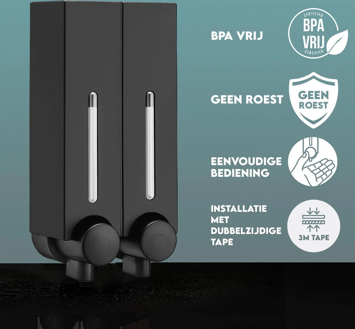 Aquathof, Zeepdispenser, Mat Zwart, 2 Kamer, 2 Reservoirs, 2x250ml - Hangend - Wandmontage 4 Aquathof, Zeepdispenser, Mat Zwart, 2 Kamer, 2 Reservoirs, 2x250ml - Hangend - Wandmontage - Afbeelding 4