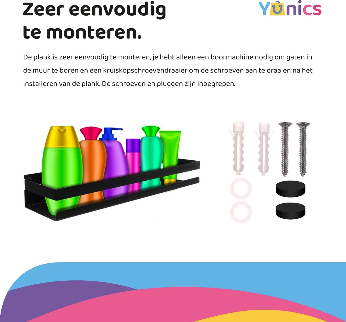 YUNICS® Badkamerrek - Badkamer Plank - Doucherek - Doucherek Hangend - RSV - Zwart - 4 YUNICS® Badkamerrek - Badkamer Plank - Doucherek - Doucherek Hangend - RSV - Zwart - - Afbeelding 4