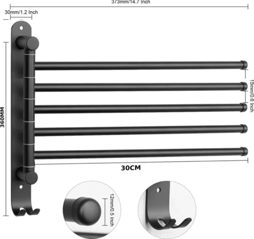 BOTC Handdoekrek - 5-armig Handdoekhouder - Handdoekstang - 180 Graden Verstelbaar - Badkamer - Zwart -Badkamer Kast Winkel 1200x1131