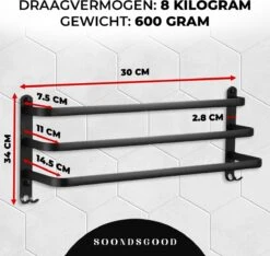 Merkloos Soondsgood Luxe 3 Laags Handdoekrek - Zelfklevend Of Boren - Zwart - Eenvoudige Installatie - Badkamer - Handdoekenrek - Handdoekhouder - 30x14x25cm -Badkamer Kast Winkel 1200x1139 4