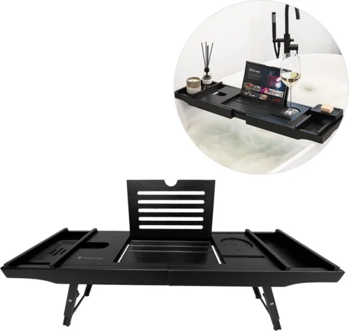 IMoshion Badplank Voor In Bad - Dienblad Inclusief Pootjes - Tablet Houder - Badrek Uitschuifbaar 75 Tot 110 Cm - Zwart