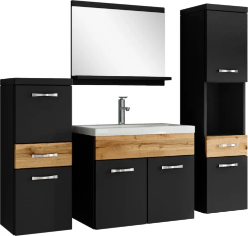 Badmeubelset Alba 60cm Zwart Met Eiken Compleet Badkamermeubel