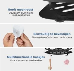 Merkloos Zelfklevend Doucherek 2 Laags - Ophangbaar Hoek Badrek Met Zuignap - Hangend Badkamer Rekje - Douchemandje - Geschikt Voor Muur/Wand Bevestiging - Ophangen Zonder Boren En Schroeven - Roestvrij - Mat Zwart -Badkamer Kast Winkel 1200x1143 7