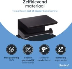 Sanics WC Rolhouder Zwart – Toiletrolhouder Zonder Boren – Met Plankje - Zelfklevend - RVS -Badkamer Kast Winkel 1200x1148 2