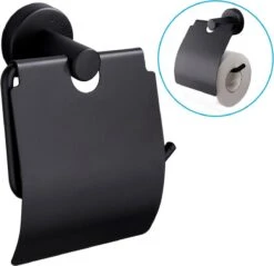 Sanics Toiletrolhouder Zwart Met Klep - WC Rolhouder RVS Inclusief Montage Set - Closetrolhouder