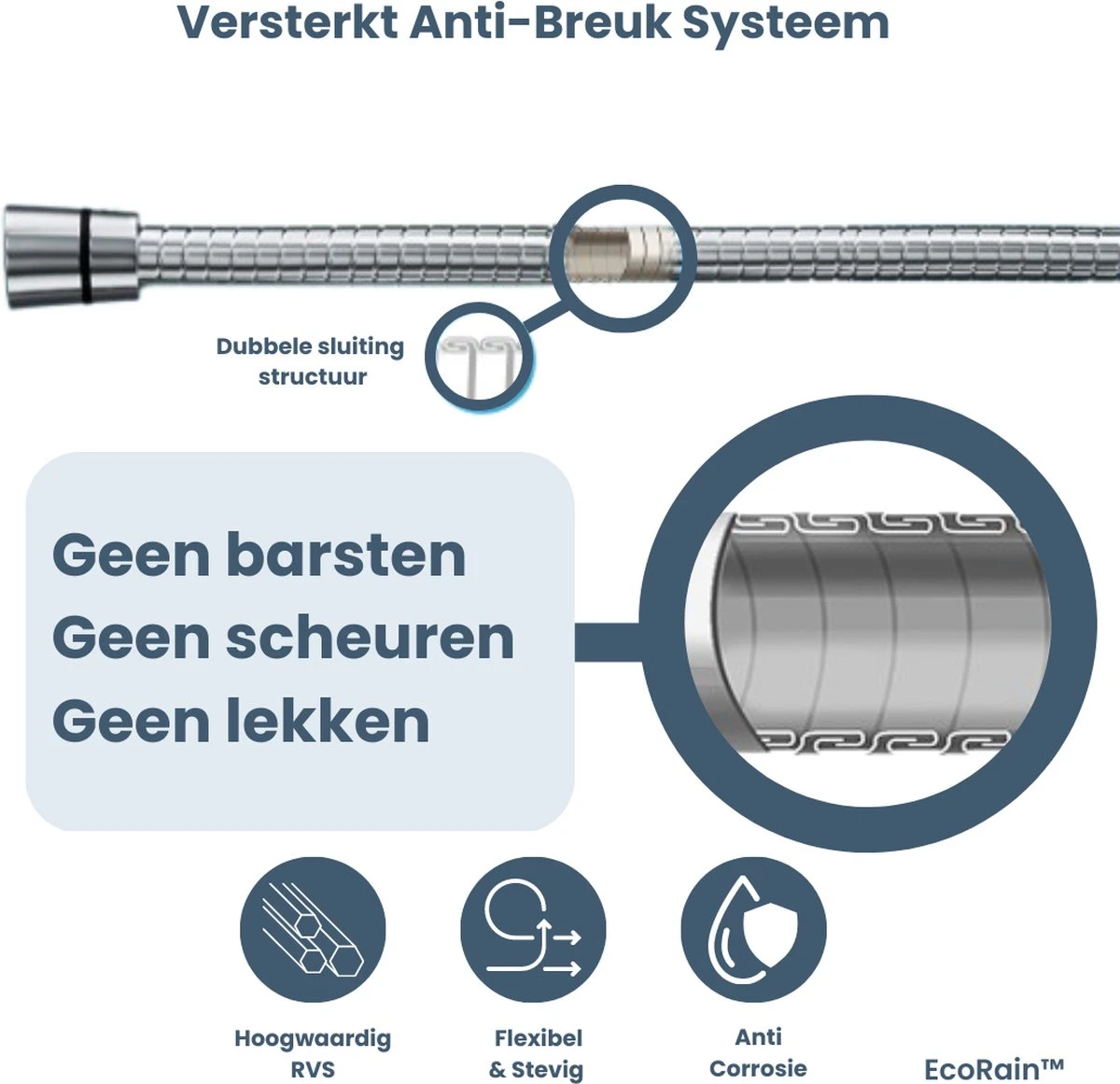 EcoRain – Universele Doucheslang 1.5 Meter – 150 Cm – Anti Lek – G ½ 1/2" - Draaiaansluiting – Waterkraan Slang - Chroom 4 EcoRain – Universele Doucheslang 1.5 Meter – 150 Cm – Anti Lek – G ½ 1/2" - Draaiaansluiting – Waterkraan Slang - Chroom - Afbeelding 4